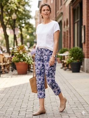 Talbots Perfect Crop Pants Navy Blue Floral Print Stretch Petite Size 10P